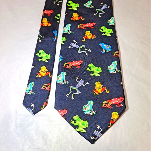 Alynn Neckwear Frogs 💯 Silk Designer Necktie 57" x 3.75" Blue w/ Multi-colors - Picture 7 of 10
